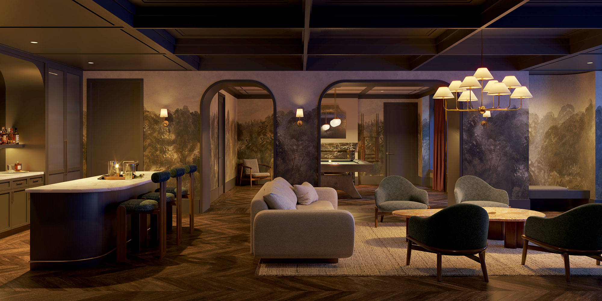 The bar lounge at The Village West in NYC with lounge seating, billiard room and full-service bar.