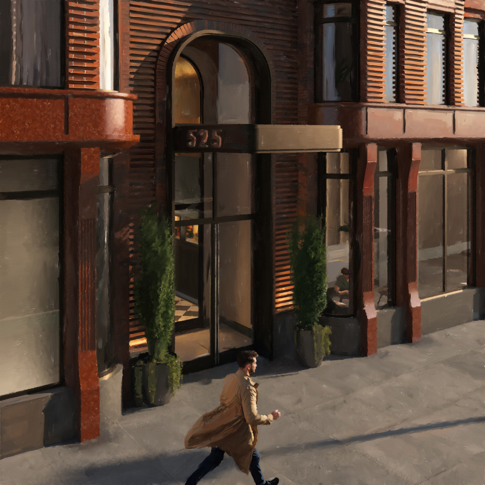 Rendering of the entrance to The Village West luxury residences with tall double doors and awning covering the front doors.