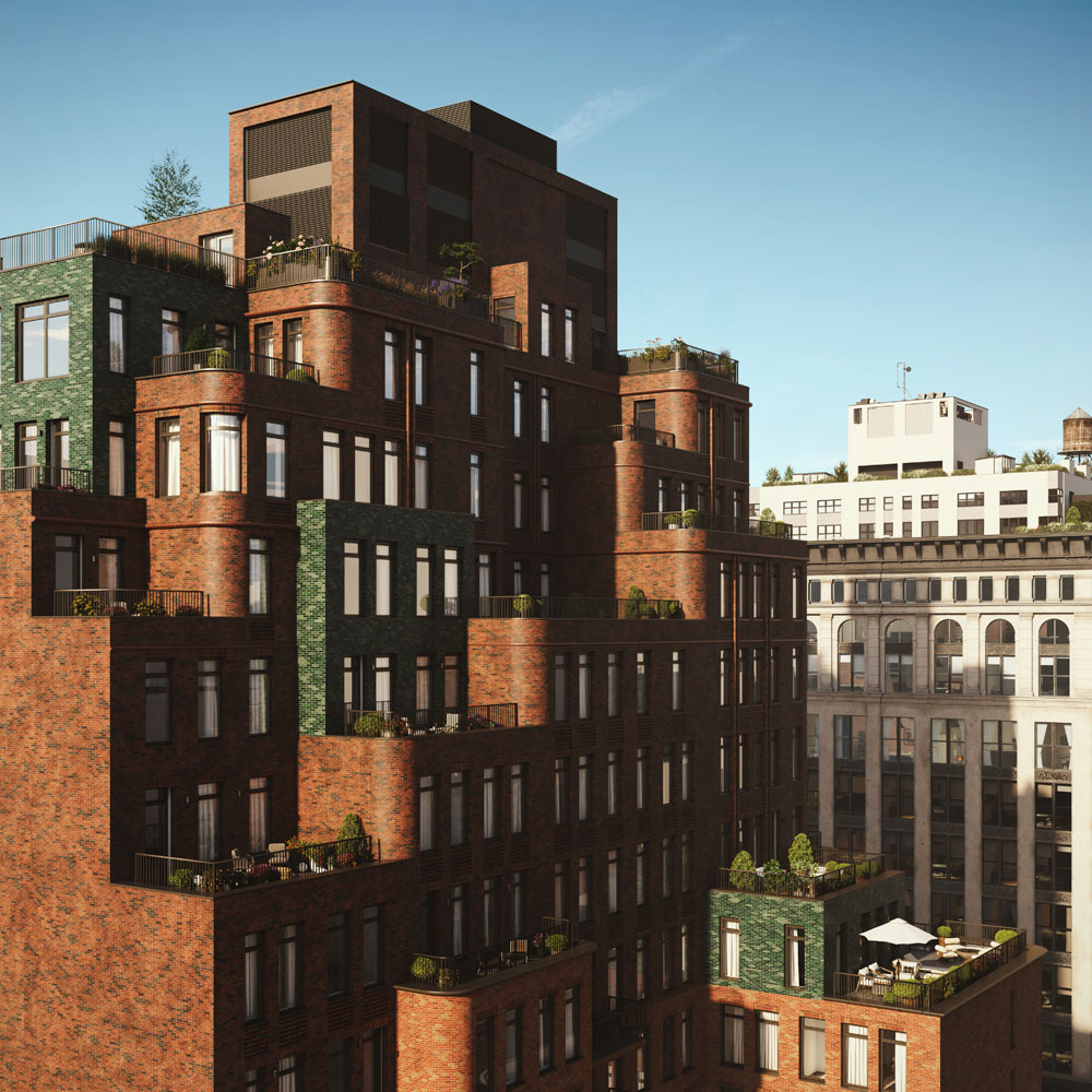 Birdseye view of The Village West condominiums rooftop with outdoor lounge and private dining for residents.